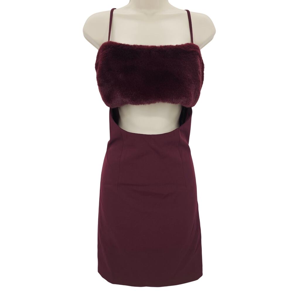 Naked Wardrobe Womans size L Sleeveless Faux Fur Cutout Mini Dress Burgundy NEW